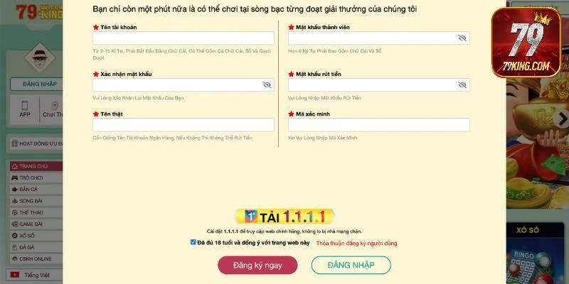 Quy trình đăng ký tại website 79king bằng máy tính